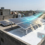 Bifacial solar panels installed on a raised concrete rooftop in Pakistan, showing rear-side light reflection and energy gain