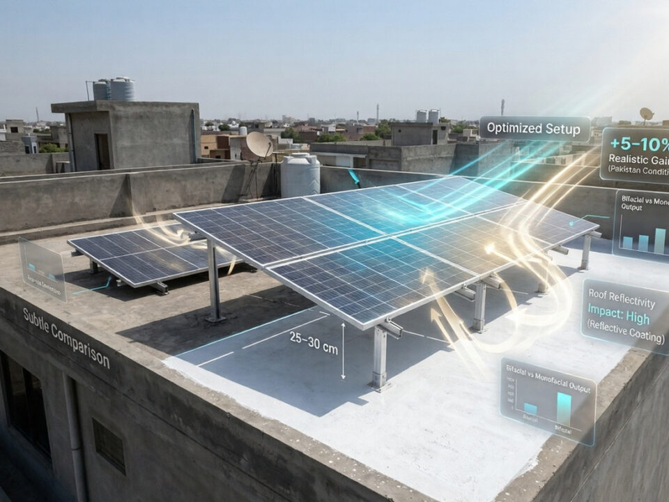 Bifacial solar panels installed on a raised concrete rooftop in Pakistan, showing rear-side light reflection and energy gain