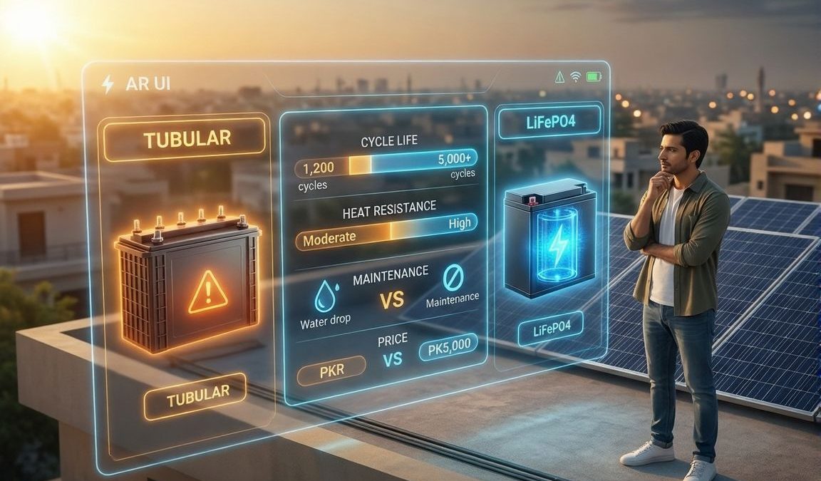 Solar battery comparison in Pakistan showing lithium and tubular batteries for home energy storage systems in 2026