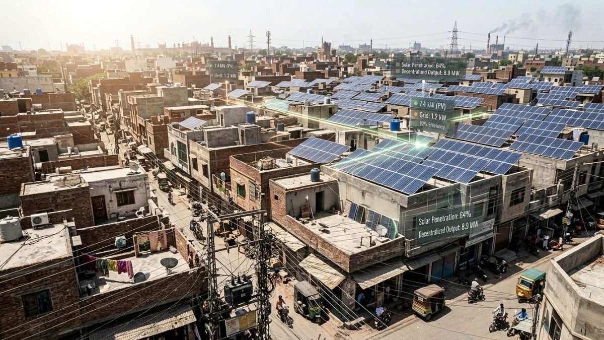 Solar panel rooftops spreading across a Pakistani city showing rapid energy transition.