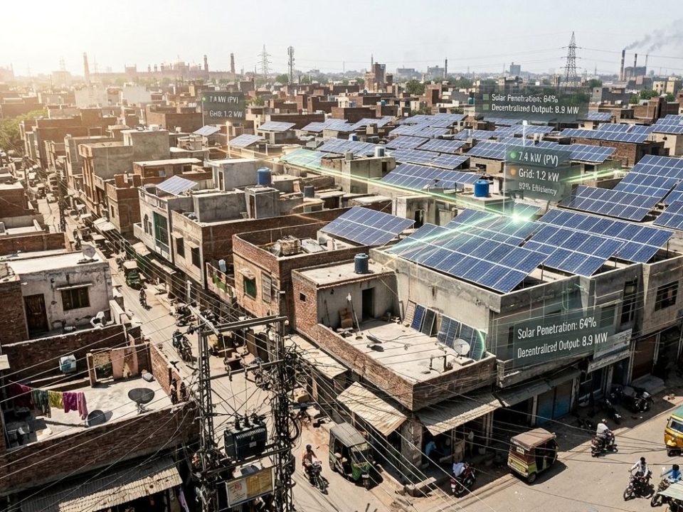Solar panel rooftops spreading across a Pakistani city showing rapid energy transition.
